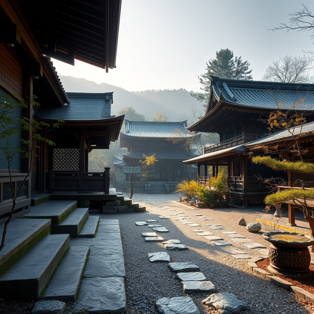 京都東山の隠れた仏教寺院の美しい風景、古い木造建築と石庭、朝の静寂な雰囲気