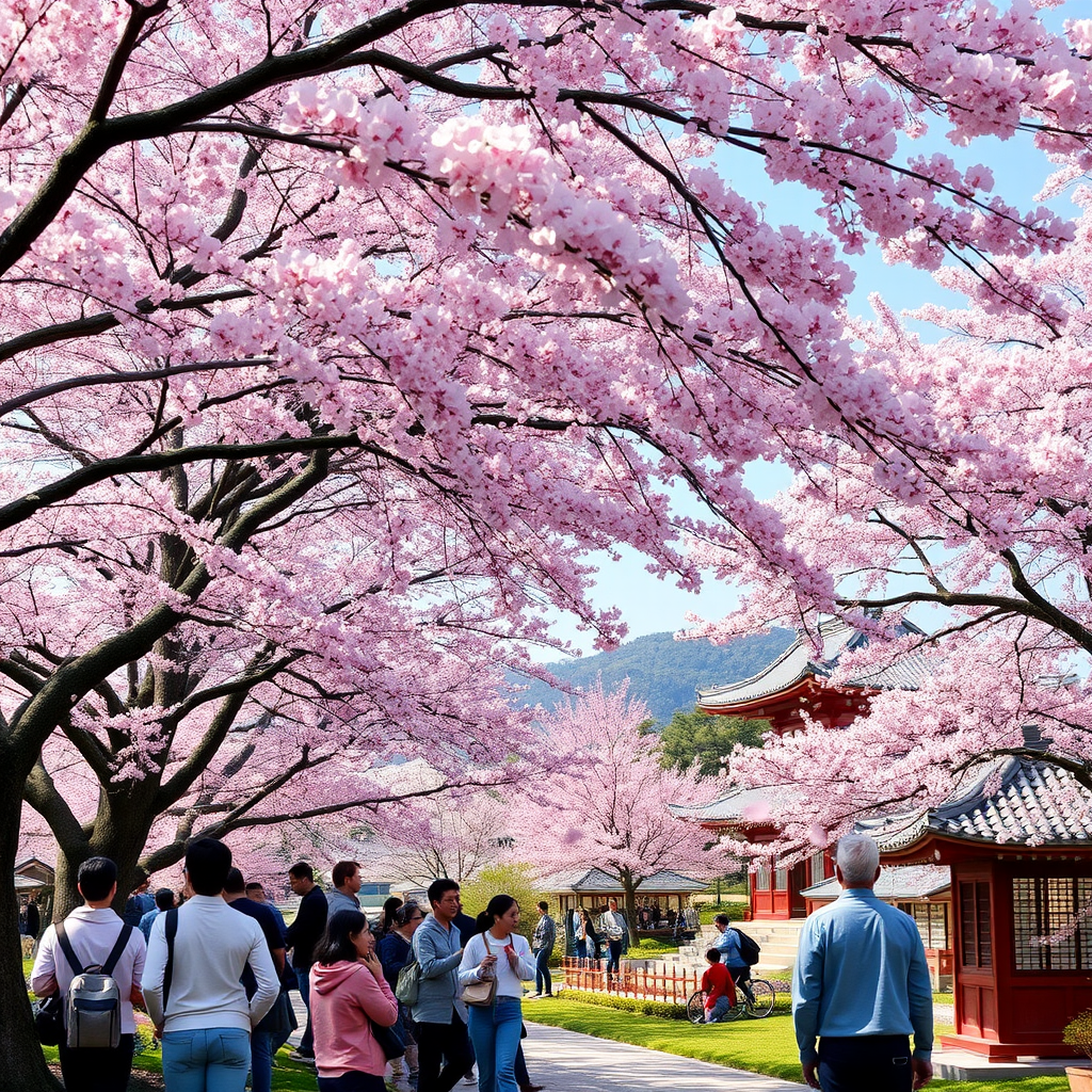 満開の桜の下で花見を楽しむ人々、ピンクの花びらが舞い散る春の風景、伝統的な日本庭園