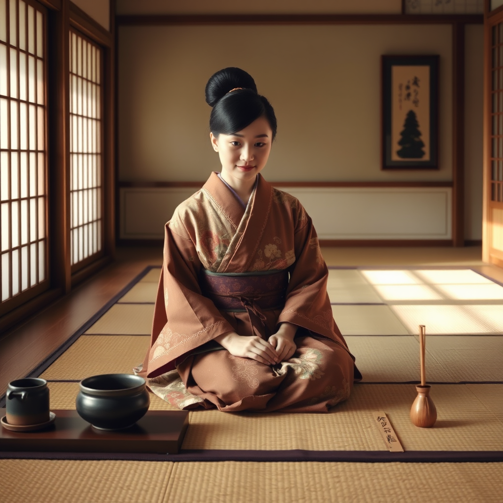 茶道の様子、畳の上で正座する着物姿の女性、茶碗と茶筅、静寂な和室の雰囲気